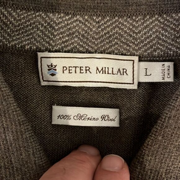 Wool Lt Brown Peter Millar Polo Style Golf Sweater Sweatshirt Shirt L w/holes - Picture 3 of 7